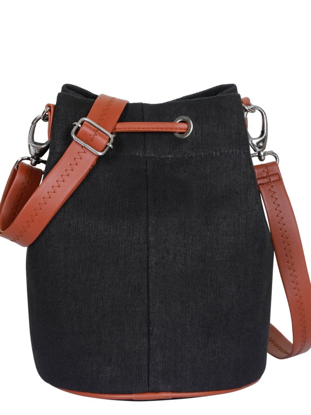 Women’s Handcrafted Fabric Black Bucket Crossbody Sling Bag, PU Leather Trim
